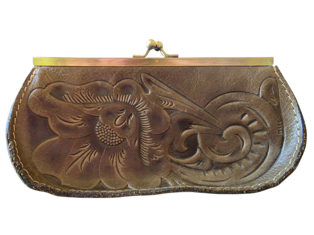 Patricia Nash Tooled Leather Clutch Wallet Brown Kiss Lock